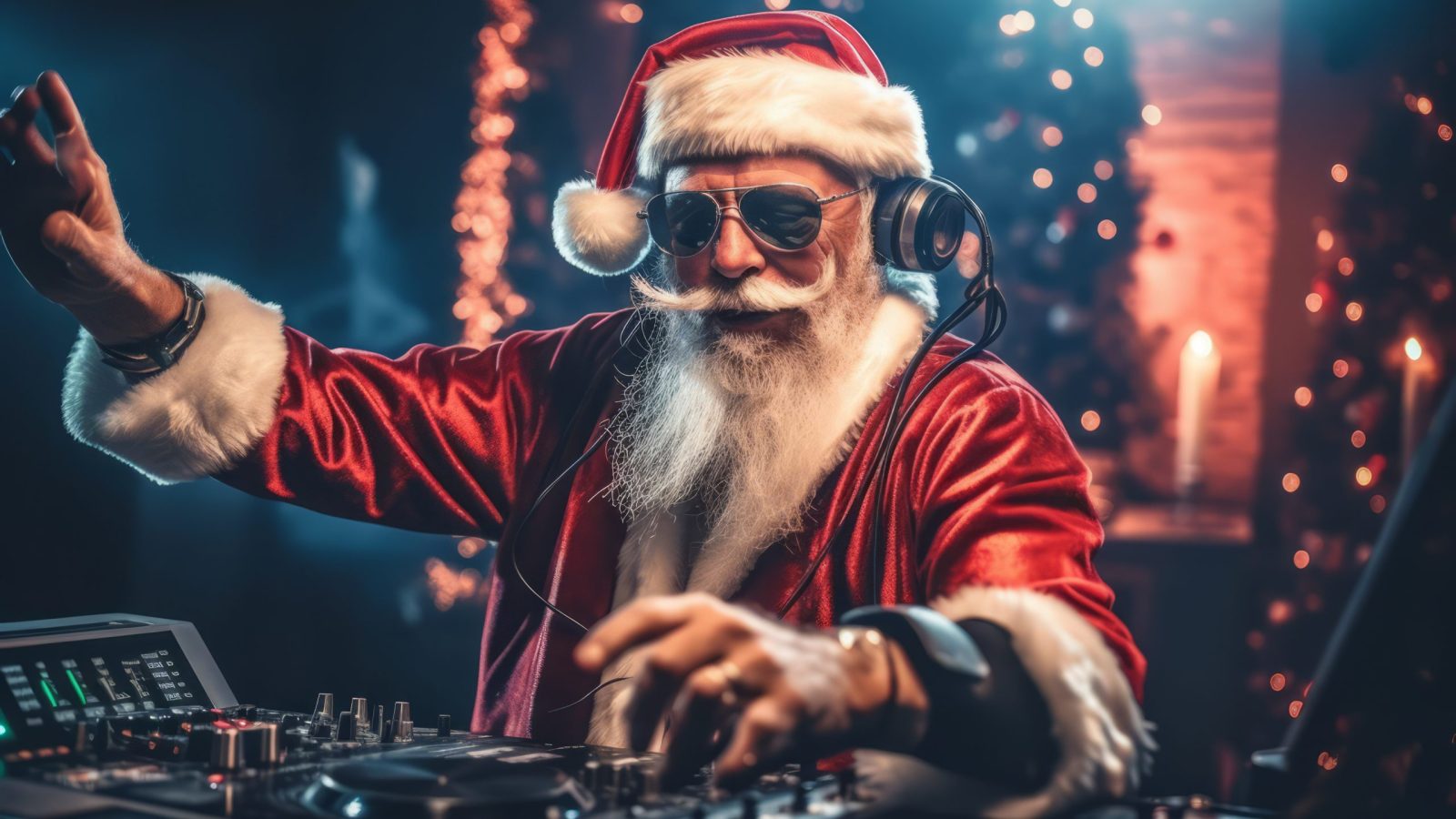 A lively Christmas party featuring Santa Claus as the DJ in a festive outfit, mixing tracks on a DJ mixer. The party is filled with energy and holiday cheer. Generative AI